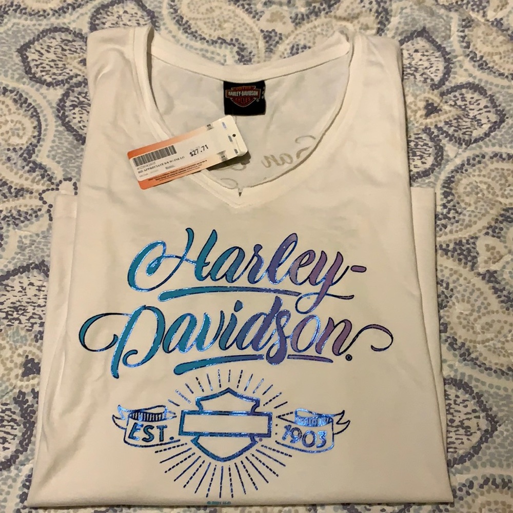 NWT Harley Davidson white teal metallic tee